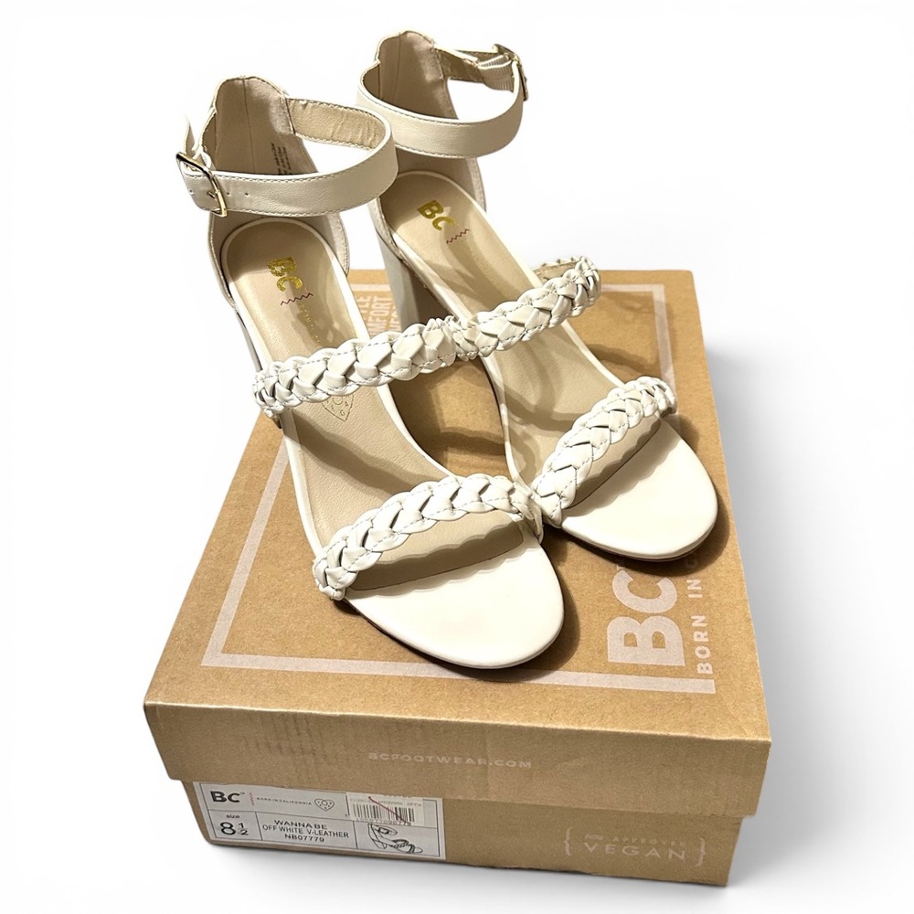 BC Footwear Wanna Be Off White Vegan Leather Braided Block Heel Sandals 8.5
